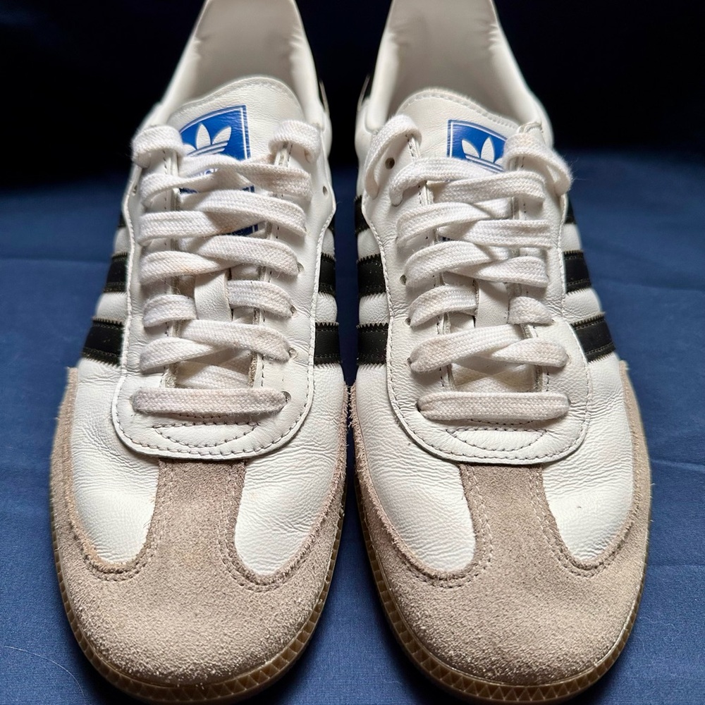 Adidas White and Tan Sneakers with Black Stripes